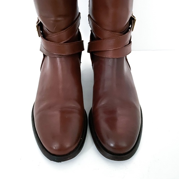 Burberry Adelaide Brown Leather Side Zip Strappy Gold Tone Buckle Riding Boots - Picture 3 of 12